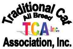 Logo of the traditional cat association, inc. (tca, inc.), featuring the text "traditional cat all breed cat association, inc." in black with a multi-colored underline.