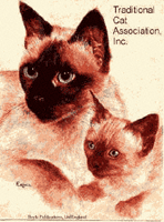 Vintage-style illustration of two Siamese cats, one adult and one kitten, with dark brown accents and blue eyes, in front of a textured beige background, featuring a logo of the TCA.